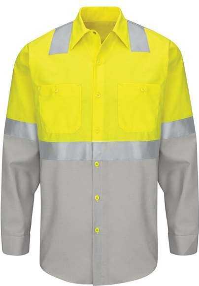 Red Kap SY14 Enhanced &amp; Hi-Visibility Long Sleeve Work Shirt - Fluorescent Yellow/ Green/ Gray - HIT a Double - 1