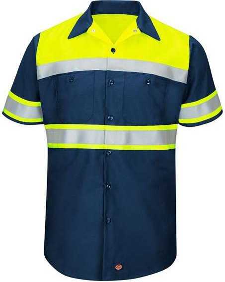 Red Kap SY80L Hi-Visibility Colorblock Ripstop Short Sleeve Work Shirt - TALL - Fluorescent Yellow/ Navy - HIT a Double - 1