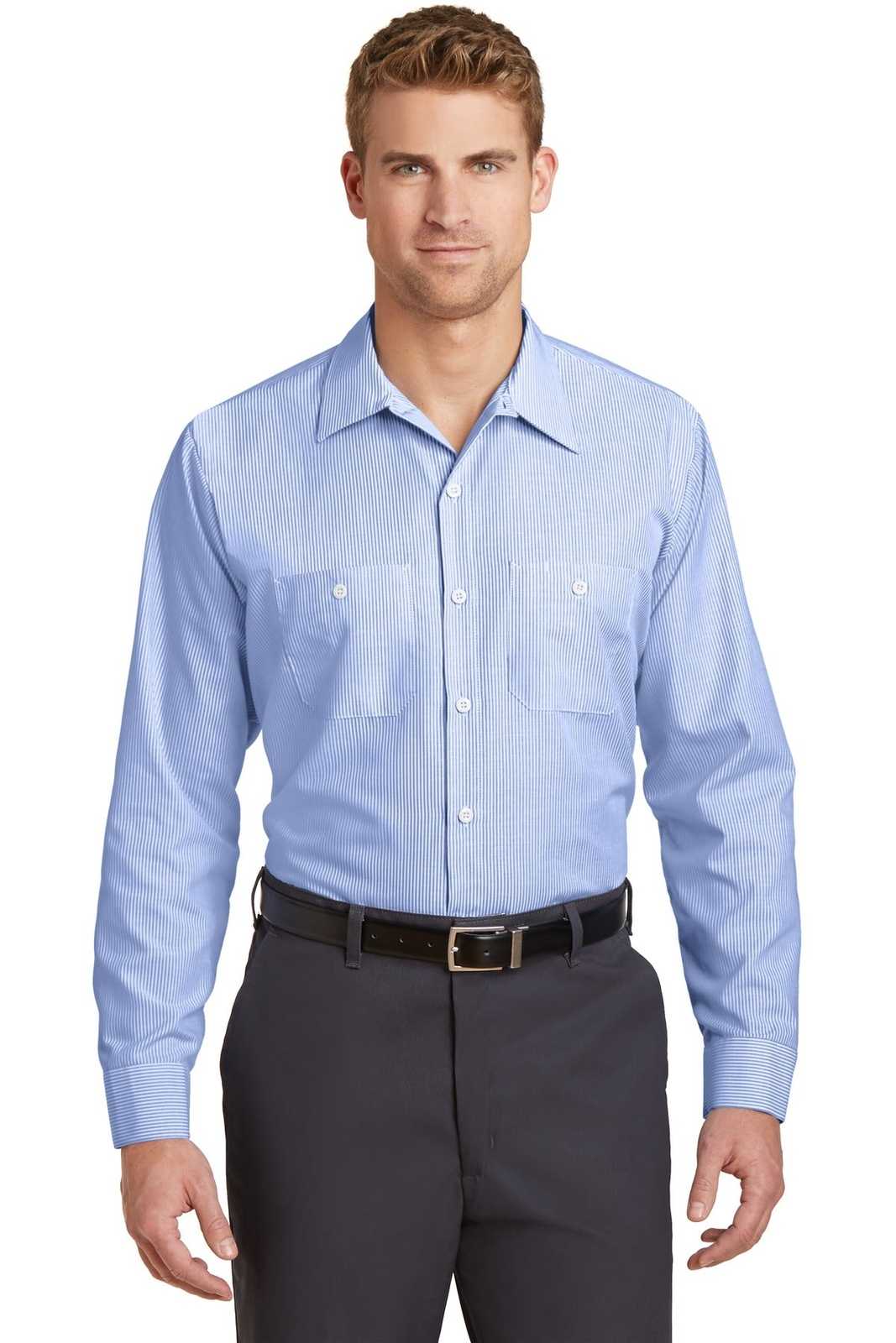 Red Kap CS10LONG Long Size, Long Sleeve Striped Industrial Work Shirt - White Blue - HIT a Double - 1