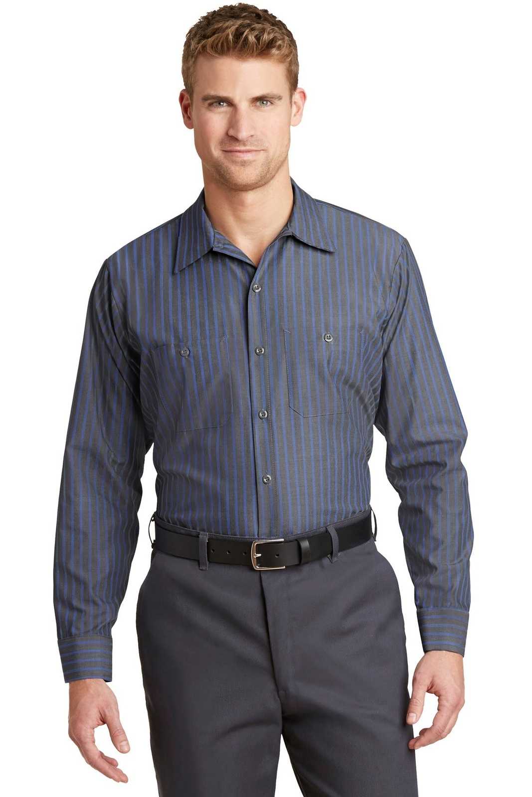 Red Kap CS10 Long Sleeve Striped Industrial Work Shirt - Gray/ Blue - HIT a Double - 1