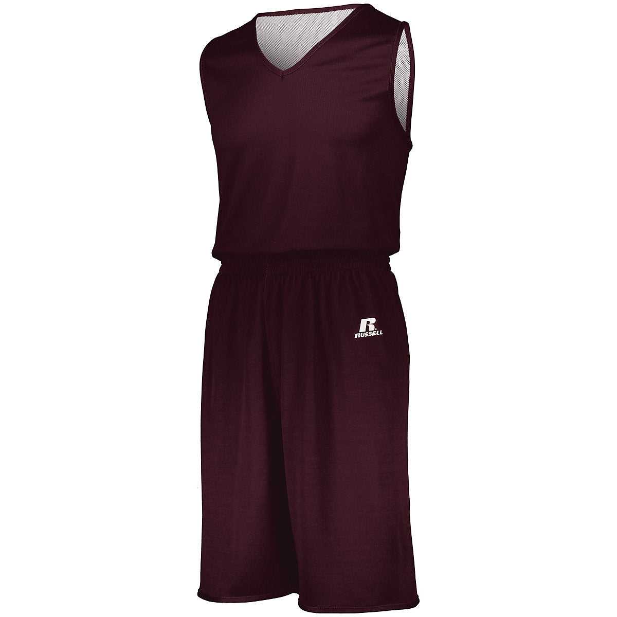 Russell 5R8DLB Youth Undivided Solid Single Ply Reversible Shorts - Maroon White - HIT a Double