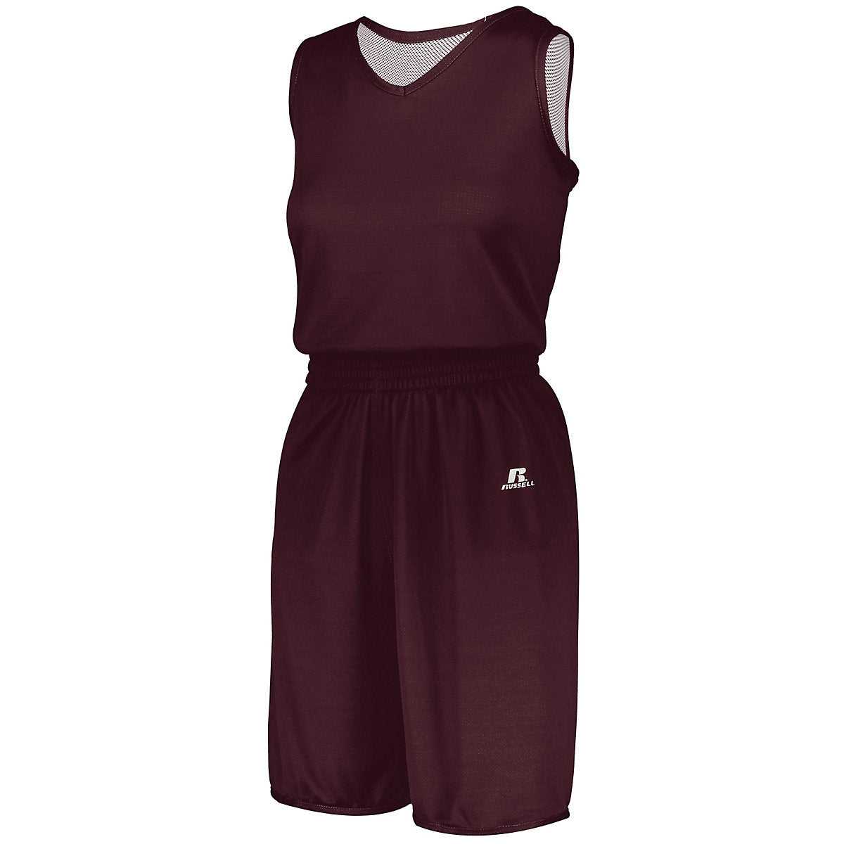 Russell 5R9DLX Ladies Undivided Solid Single Ply Reversible Jersey - Maroon White - HIT a Double