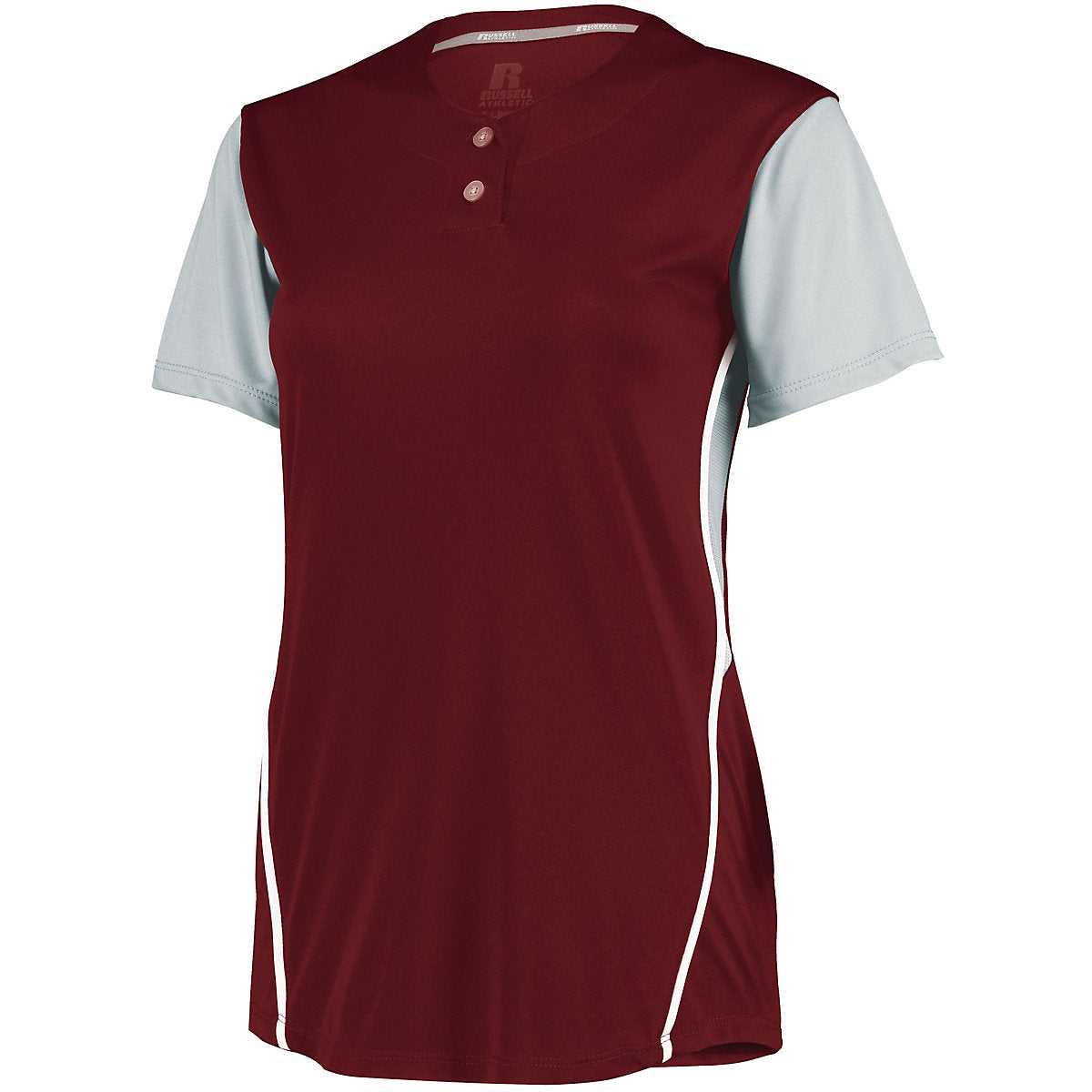 Russell 7R6X2X Ladies Performance Two-Button Color Block Jersey - Cardinal Baseball Grey - HIT a Double