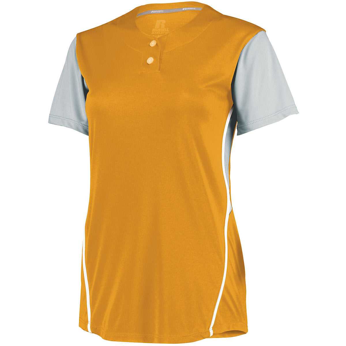 Russell 7R6X2X Ladies Performance Two-Button Color Block Jersey - Gold Baseball Grey - HIT a Double