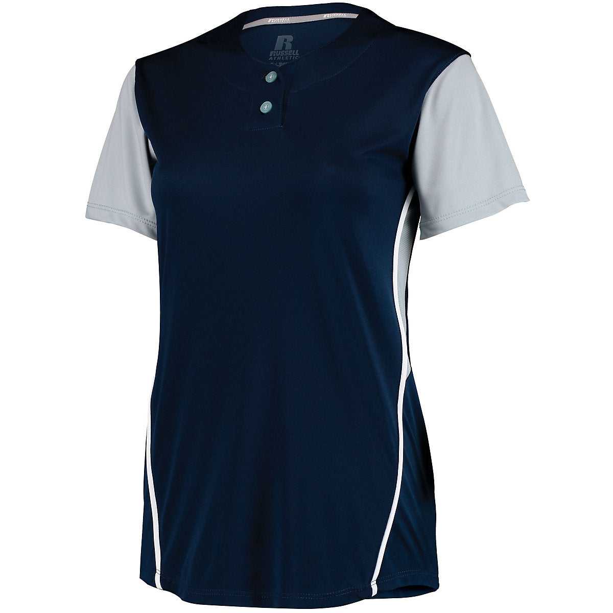 Russell 7R6X2X Ladies Performance Two-Button Color Block Jersey - Navy Baseball Grey - HIT a Double