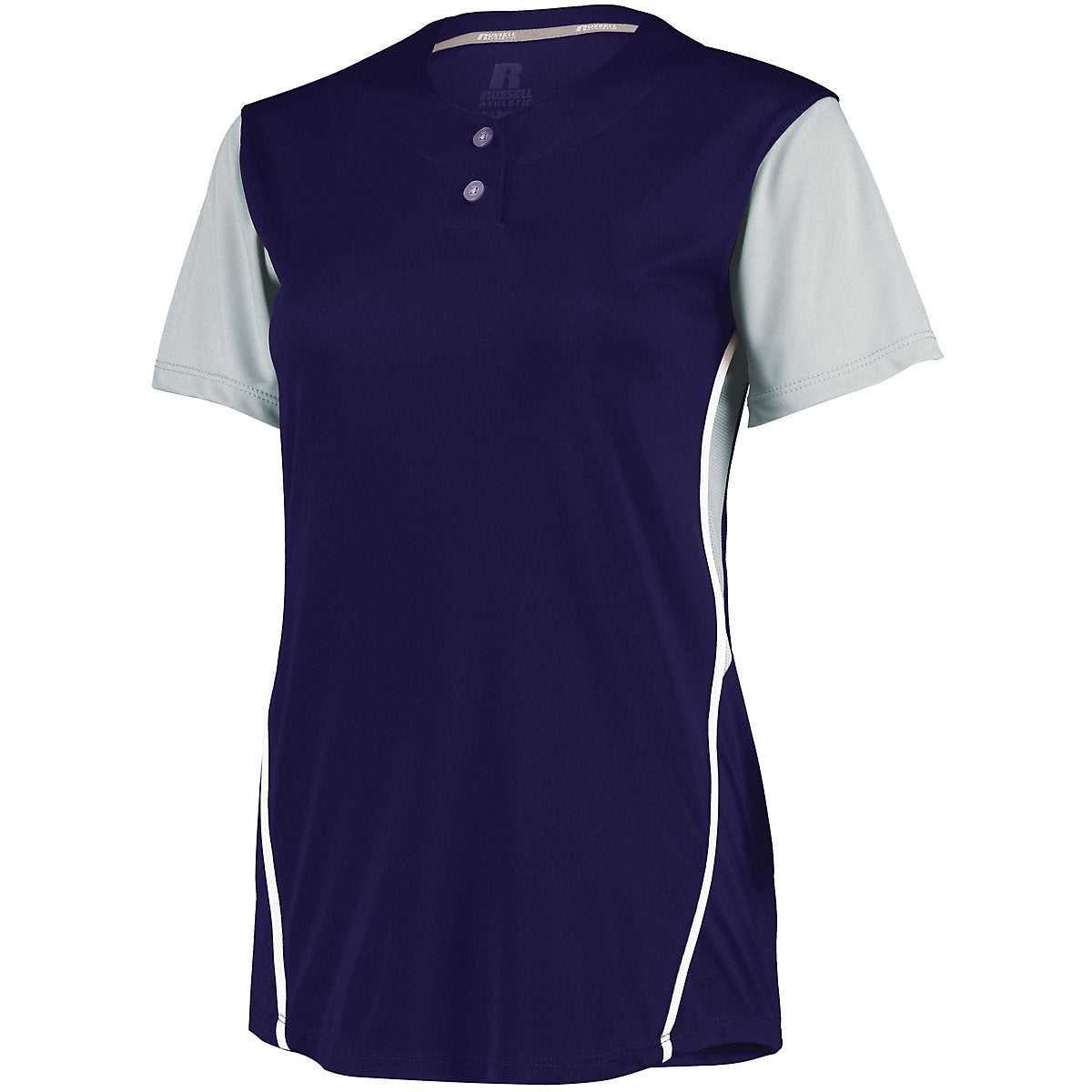 Russell 7R6X2X Ladies Performance Two-Button Color Block Jersey - Purple Baseball Grey - HIT a Double