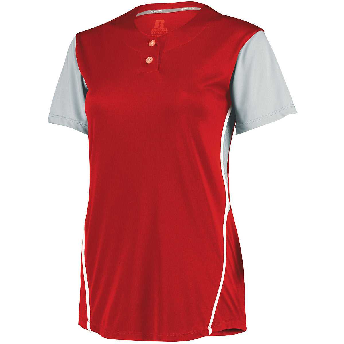 Russell 7R6X2X Ladies Performance Two-Button Color Block Jersey - True Red Baseball Grey - HIT a Double