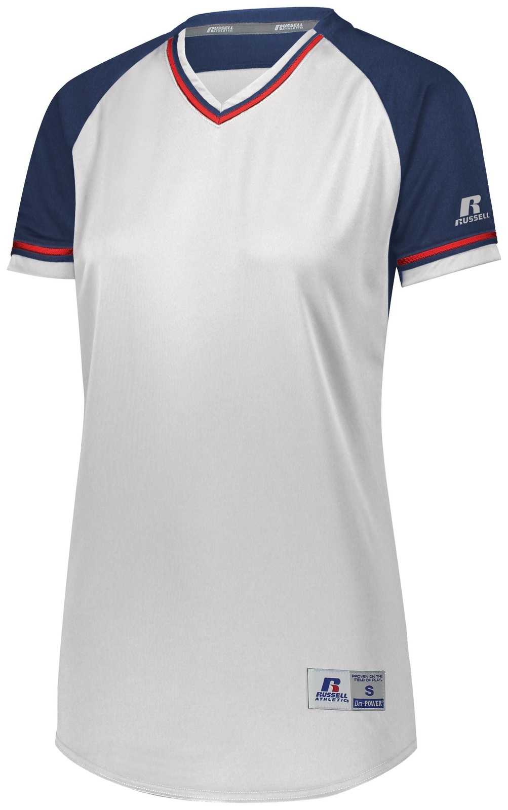 Russell R01X3X Ladies Classic V-Neck Jersey - White Navy True Red - HIT a Double