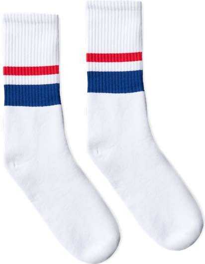 Socco SC100 USA-Made Striped Crew Socks - White/ Red/ Royal Thin &amp; Thick Stripe - HIT a Double - 1