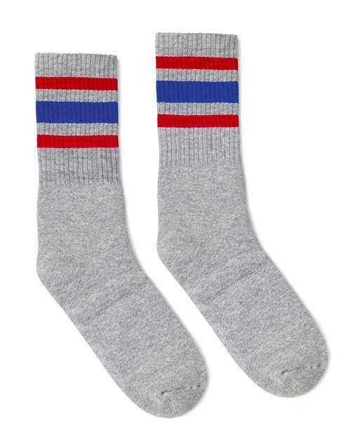 Socco SC100 USA-Made Striped Crew Socks - Grey Red Blue - HIT a Double