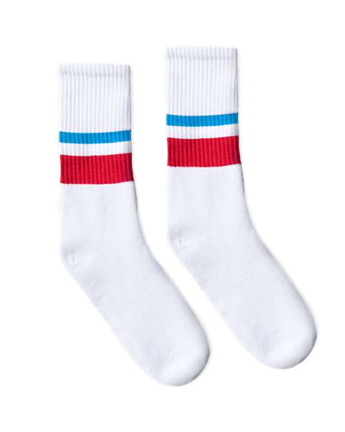 Socco SC100 USA-Made Striped Crew Socks - Light Blue Red Thin &amp; Thick Stripe - HIT a Double
