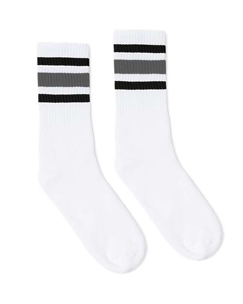 Socco SC100 USA-Made Striped Crew Socks - White Black Grey - HIT a Double
