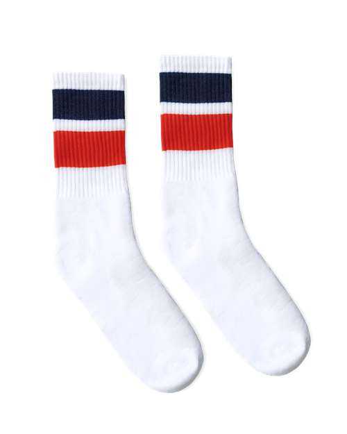 Socco SC100 USA-Made Striped Crew Socks - White Navy Red Thick Stripe - HIT a Double