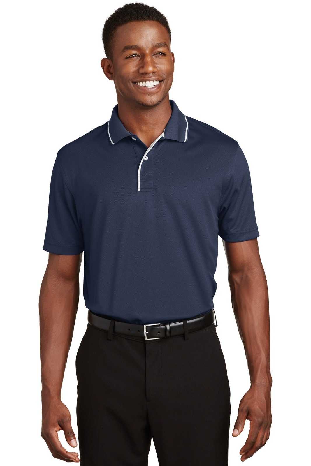 Sport-Tek K467 Dri-Mesh Polo with Tipped Collar and Piping - Navy White - HIT a Double - 1