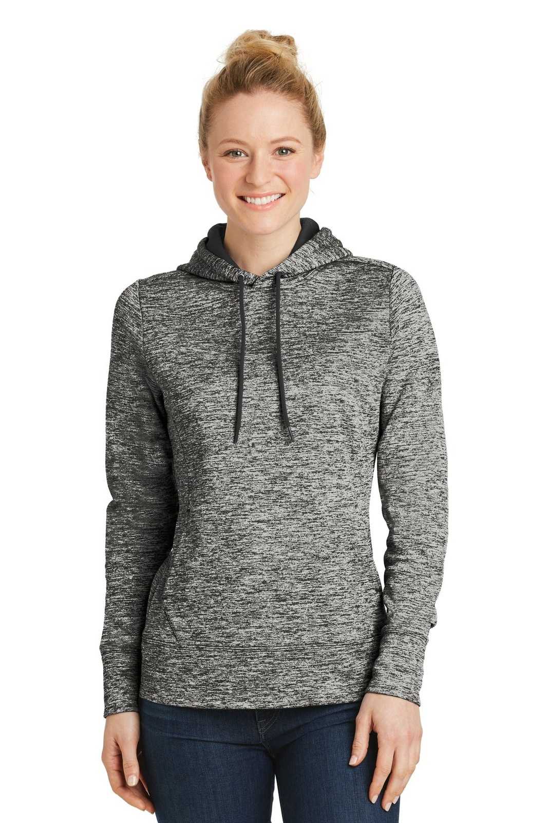Sport-Tek LST225 Ladies PosiCharge Electric Heather Fleece Hooded Pullover - Black Electric - HIT a Double - 1
