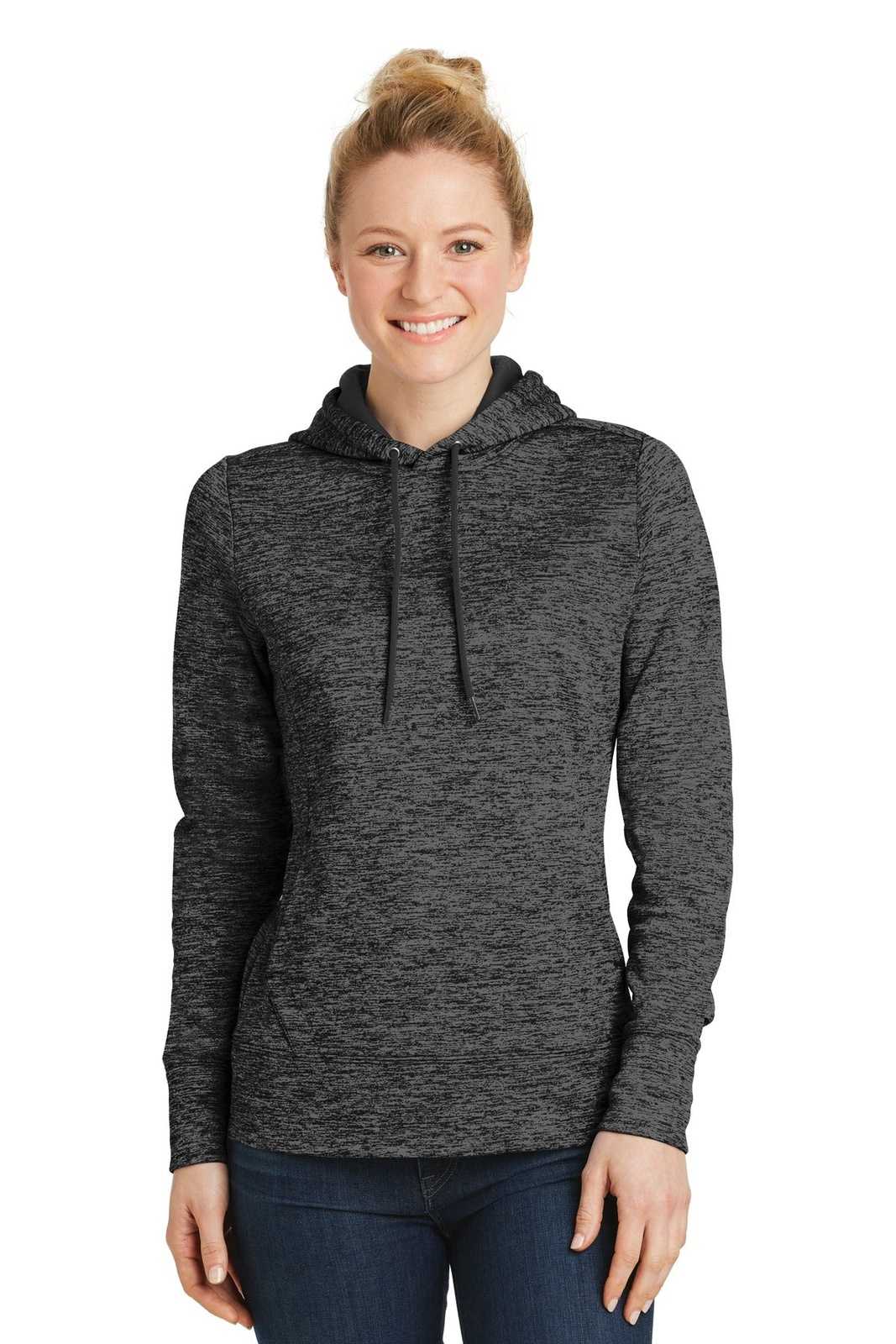 Sport-Tek LST225 Ladies PosiCharge Electric Heather Fleece Hooded Pullover - Gray Black Electric - HIT a Double - 1