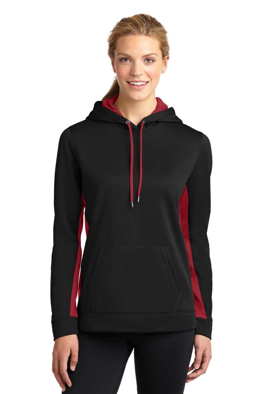 Sport-Tek LST235 Ladies Sport-Wick Fleece Colorblock Hooded Pullover - Black Deep Red - HIT a Double - 1
