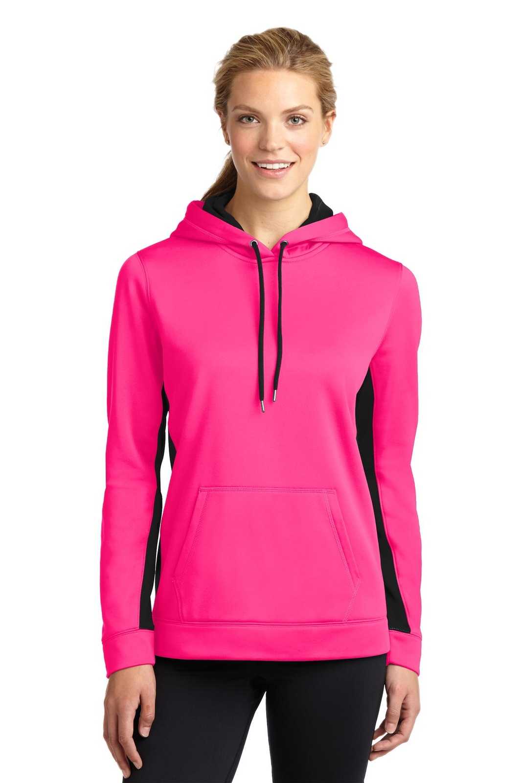 Sport-Tek LST235 Ladies Sport-Wick Fleece Colorblock Hooded Pullover - Neon Pink Black - HIT a Double - 1