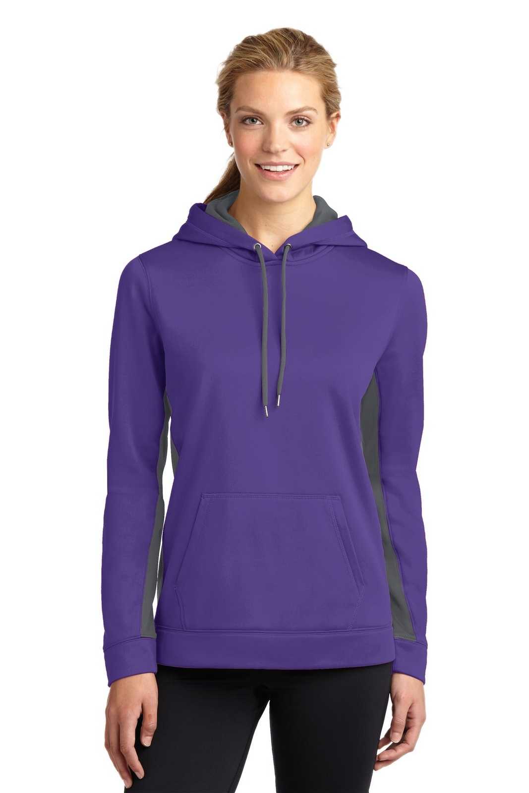 Sport-Tek LST235 Ladies Sport-Wick Fleece Colorblock Hooded Pullover - Purple Dark Smoke Gray - HIT a Double - 1