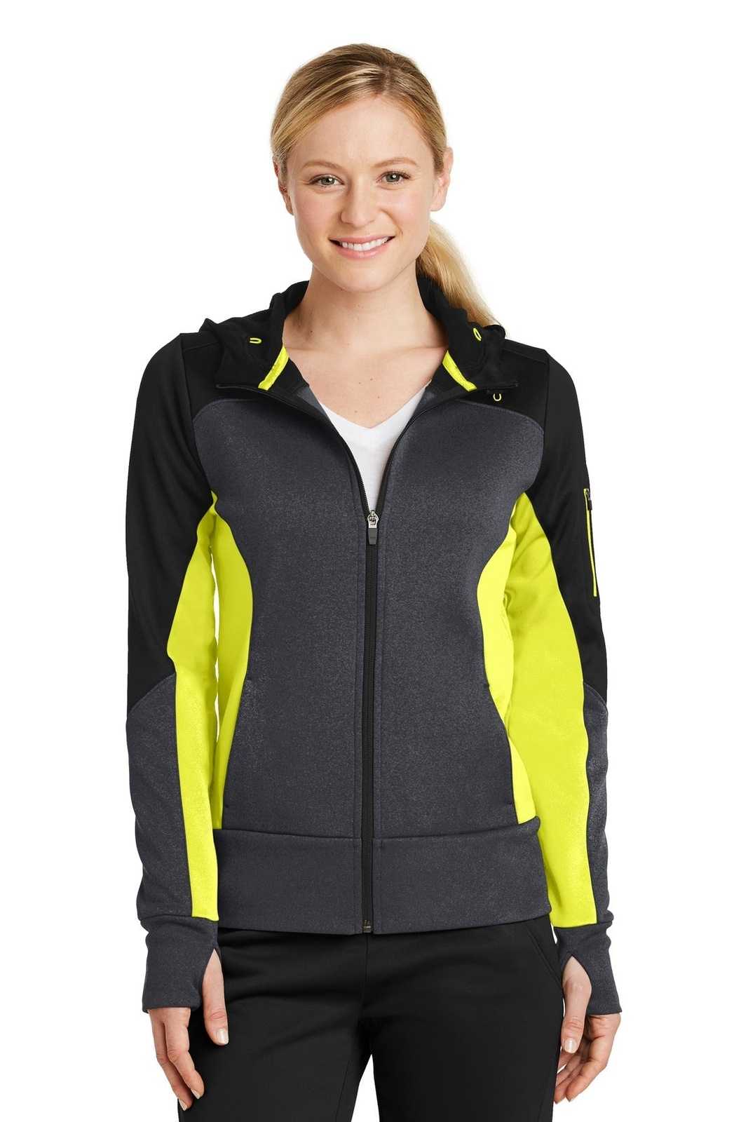 Sport-Tek LST245 Ladies Tech Fleece Colorblock Full-Zip Hooded Jacket - Black Graphite Heather Citron - HIT a Double - 1