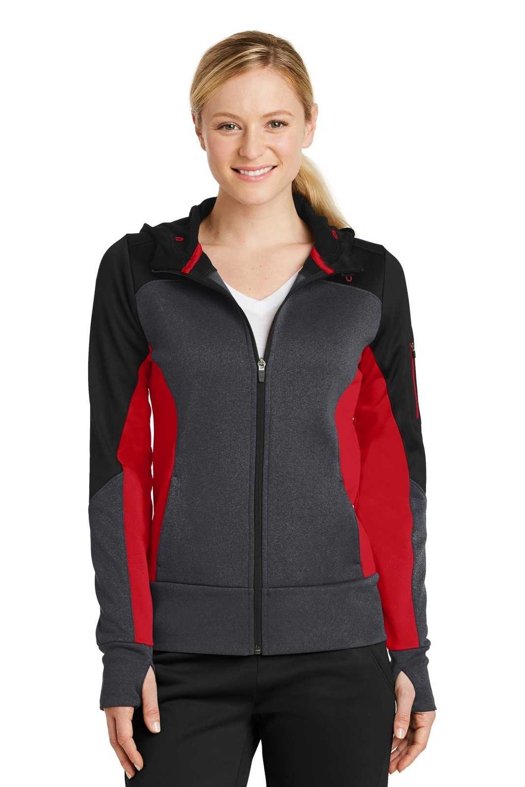 Sport-Tek LST245 Ladies Tech Fleece Colorblock Full-Zip Hooded Jacket - Black Graphite Heather True Red - HIT a Double - 1