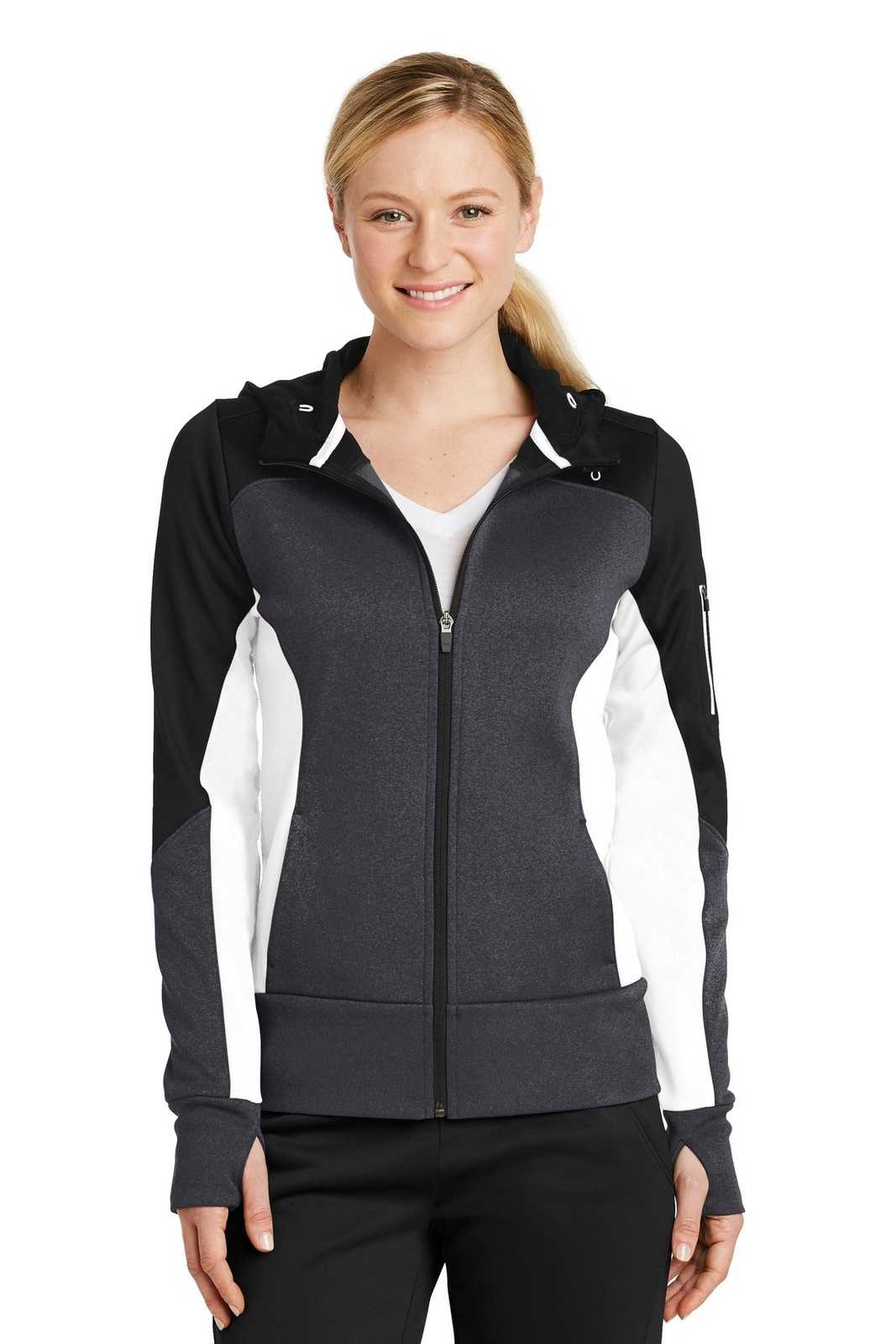 Sport-Tek LST245 Ladies Tech Fleece Colorblock Full-Zip Hooded Jacket - Black Graphite Heather White - HIT a Double - 1