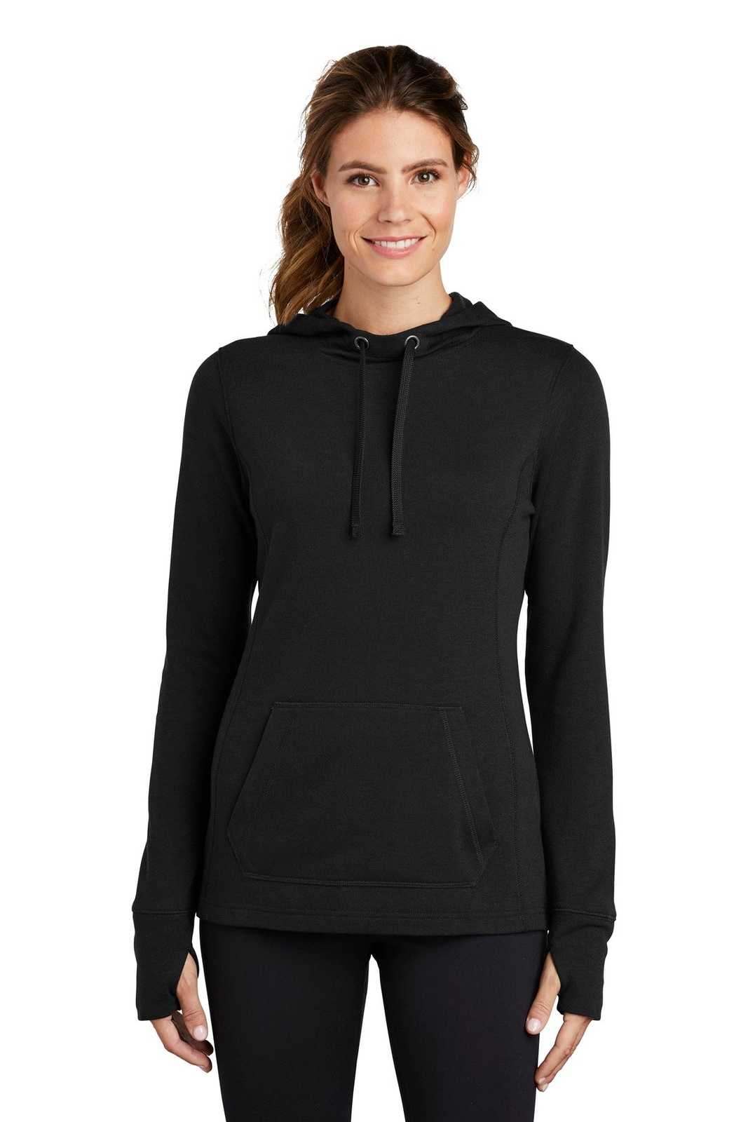 Sport-Tek LST296 Ladies PosiCharge Tri-Blend Wicking Fleece Hooded Pullover - Black Triad Solid - HIT a Double - 1