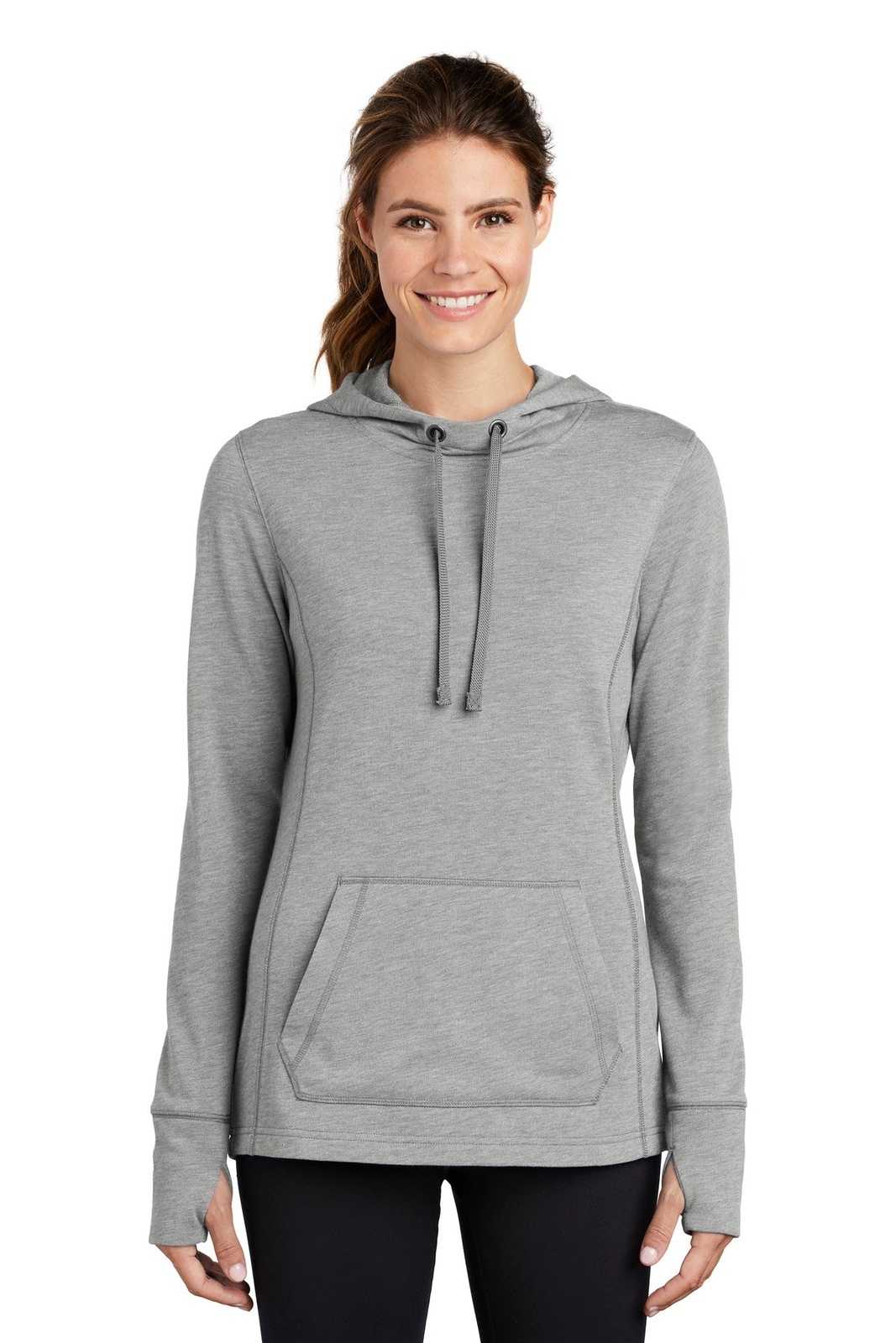 Sport-Tek LST296 Ladies PosiCharge Tri-Blend Wicking Fleece Hooded Pullover - Light Gray Heather - HIT a Double - 1