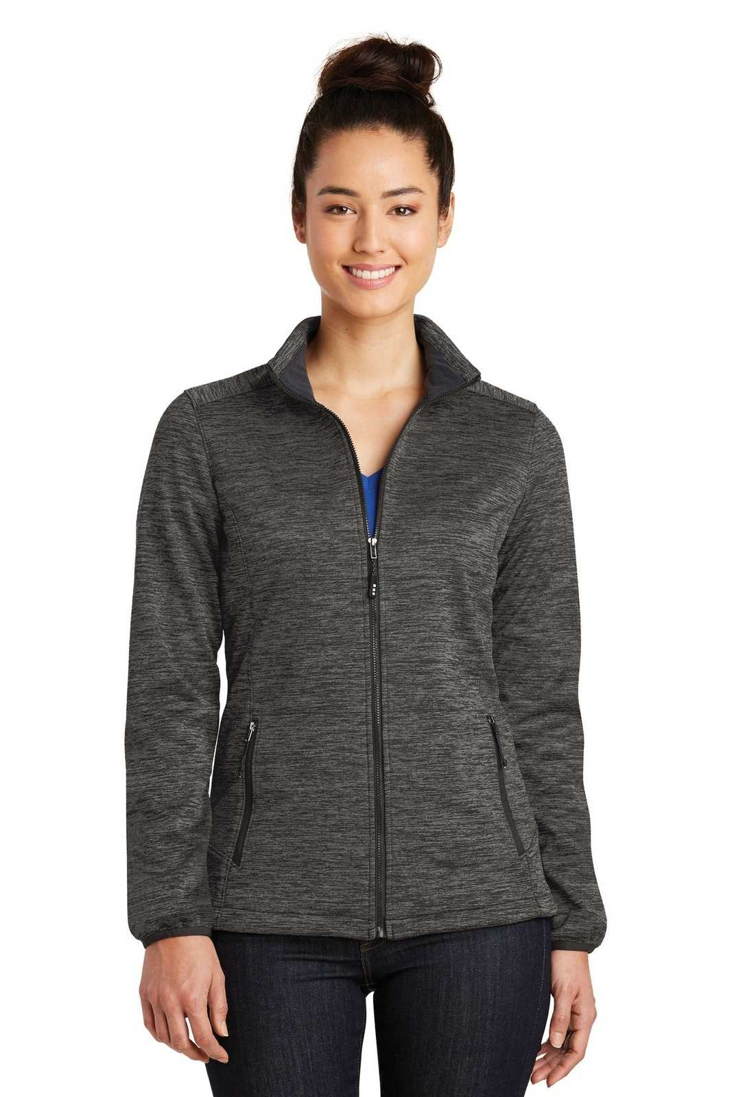 Sport-Tek LST30 Ladies PosiCharge Electric Heather Soft Shell Jacket - Gray-Black Electric - HIT a Double - 1