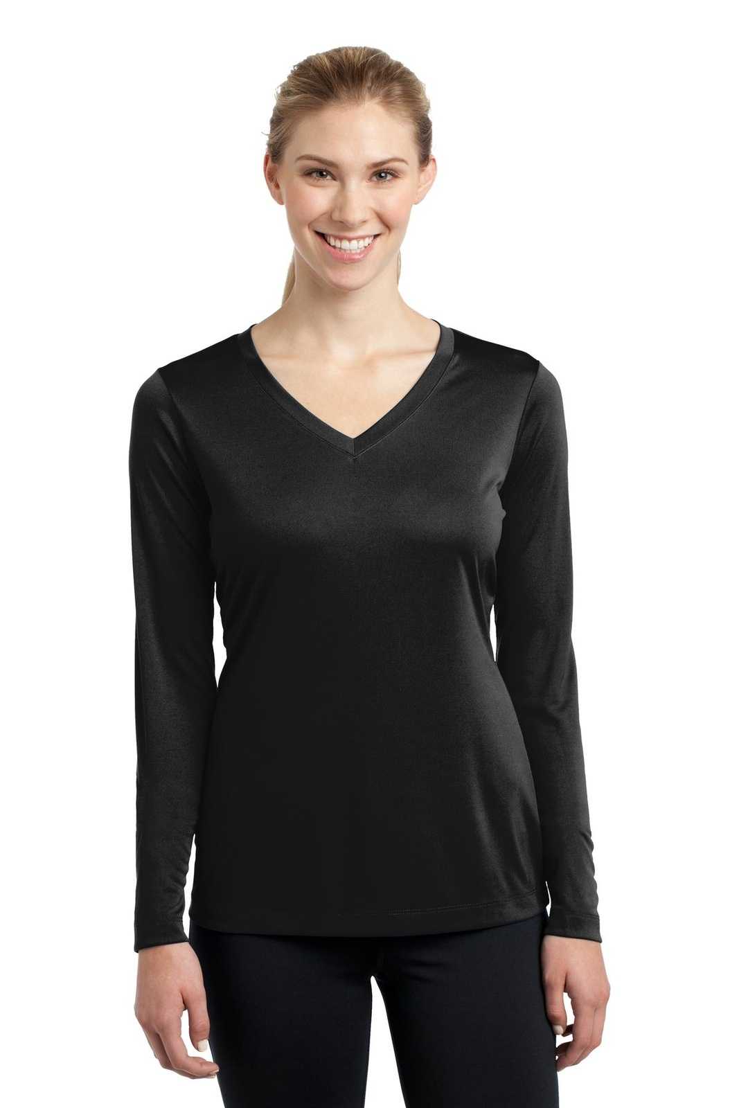 Sport-Tek LST353LS Ladies Long Sleeve PosiCharge Competitor V-Neck Tee - Black - HIT a Double - 1