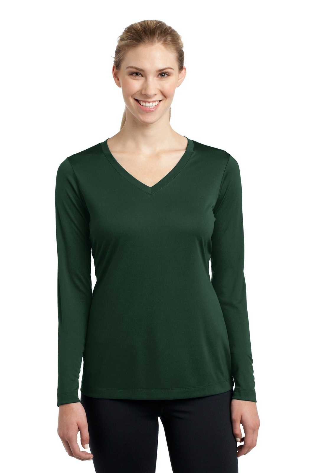 Sport-Tek LST353LS Ladies Long Sleeve PosiCharge Competitor V-Neck Tee - Forest Green - HIT a Double - 1
