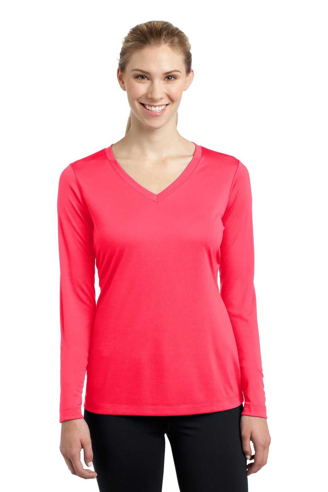 Sport-Tek LST353LS Ladies Long Sleeve PosiCharge Competitor V-Neck Tee - Hot Coral - HIT a Double - 1