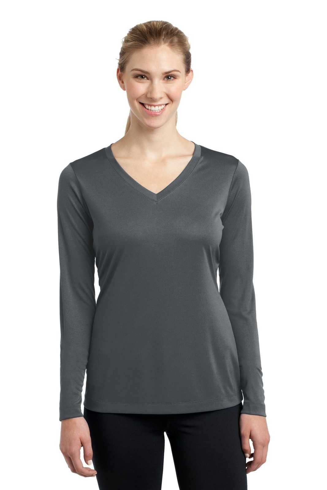 Sport-Tek LST353LS Ladies Long Sleeve PosiCharge Competitor V-Neck Tee - Iron Gray - HIT a Double - 1