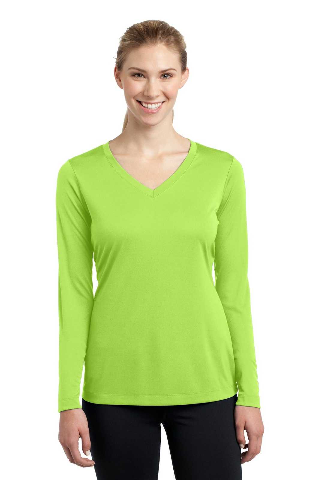 Sport-Tek LST353LS Ladies Long Sleeve PosiCharge Competitor V-Neck Tee - Lime Shock - HIT a Double - 1