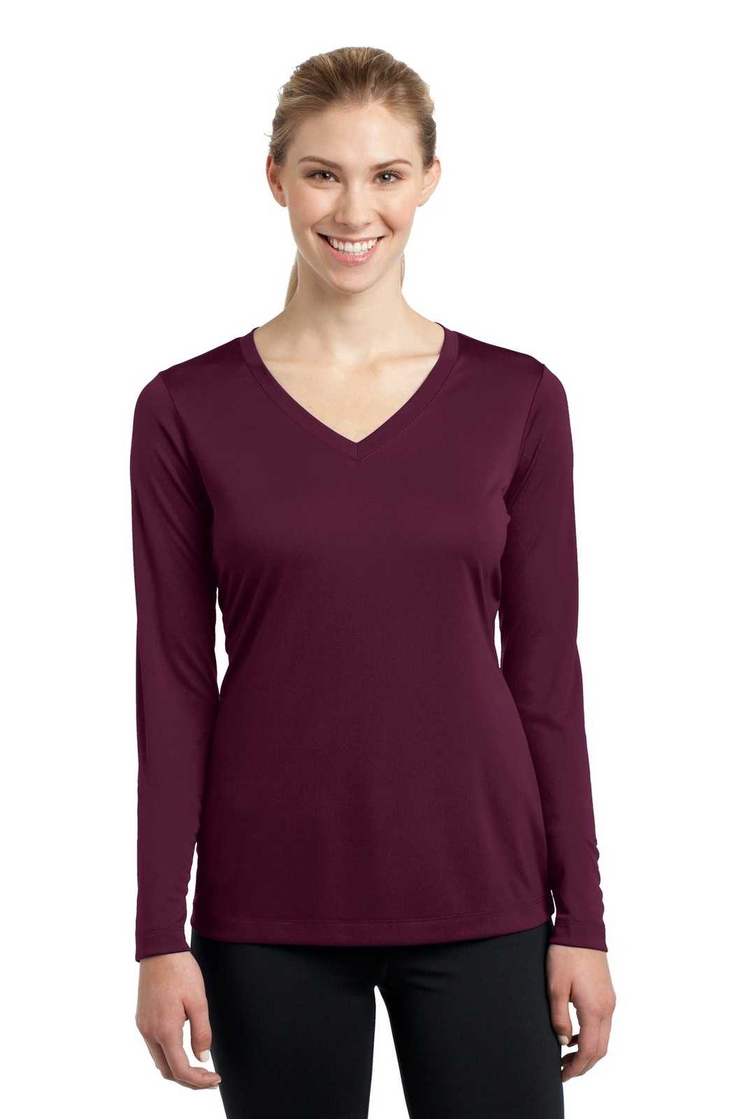 Sport-Tek LST353LS Ladies Long Sleeve PosiCharge Competitor V-Neck Tee - Maroon - HIT a Double - 1