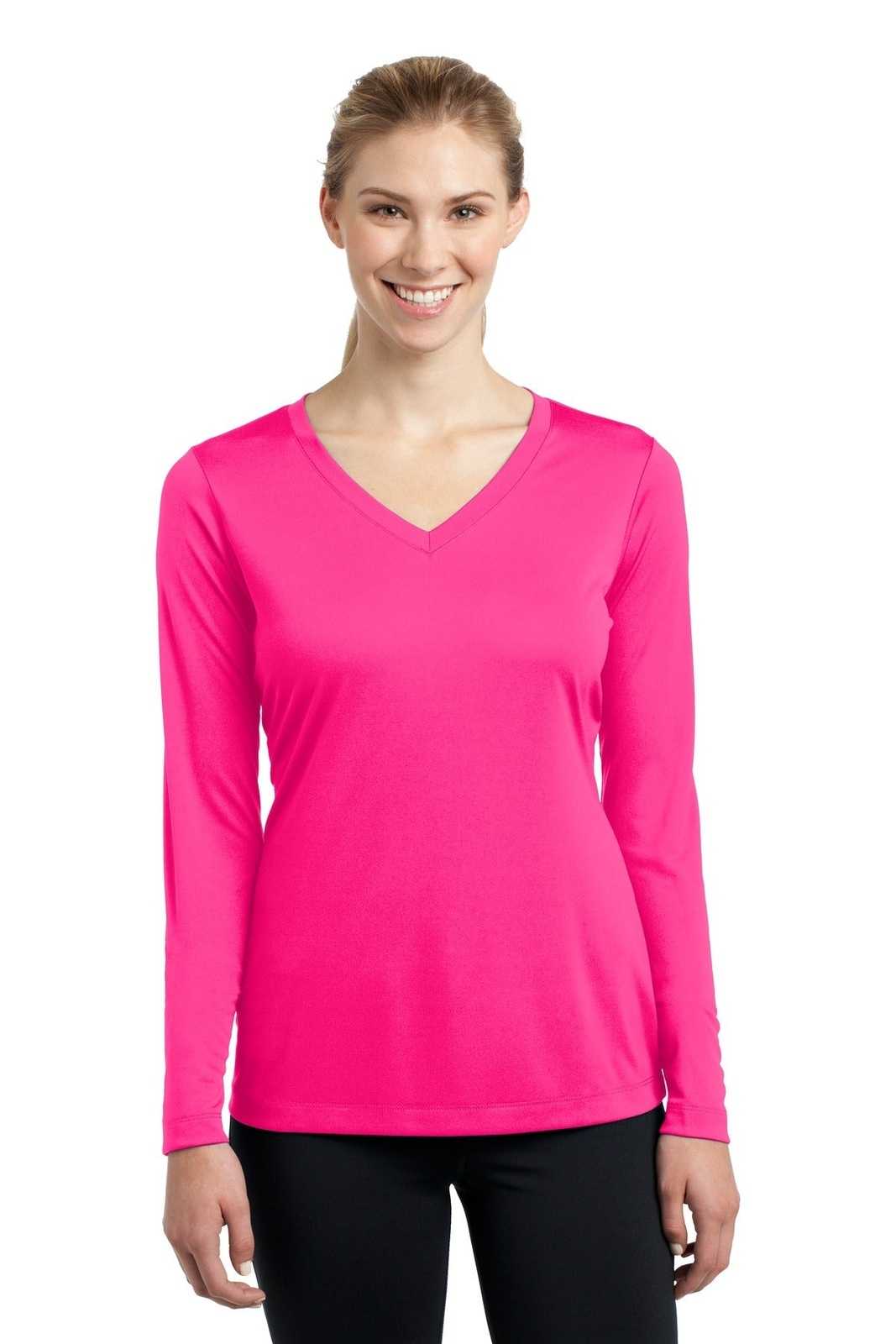 Sport-Tek LST353LS Ladies Long Sleeve PosiCharge Competitor V-Neck Tee - Neon Pink - HIT a Double - 1
