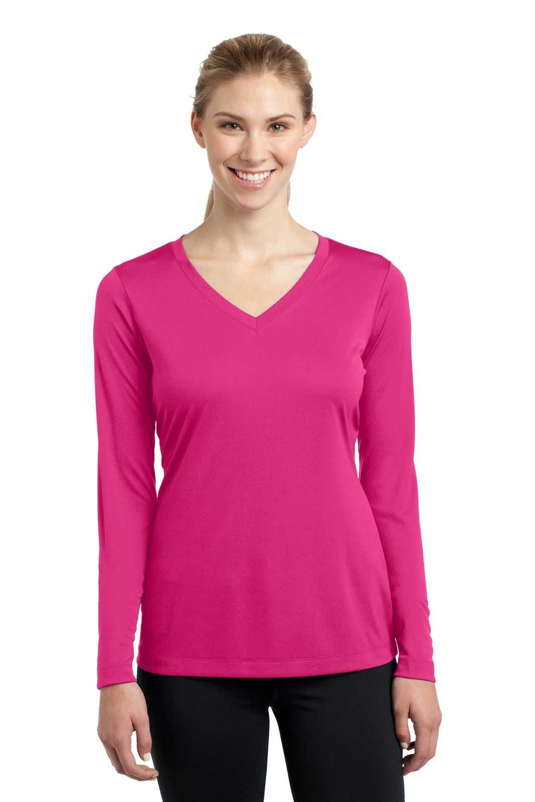 Sport-Tek LST353LS Ladies Long Sleeve PosiCharge Competitor V-Neck Tee - Pink Raspberry - HIT a Double - 1