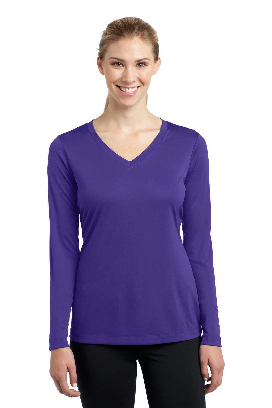Sport-Tek LST353LS Ladies Long Sleeve PosiCharge Competitor V-Neck Tee - Purple - HIT a Double - 1