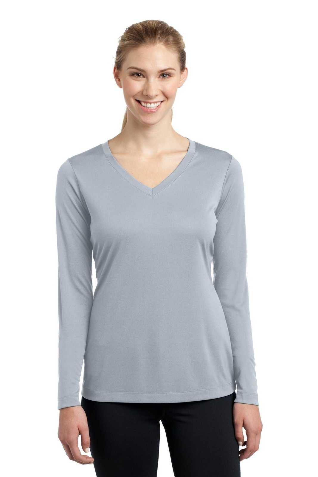 Sport-Tek LST353LS Ladies Long Sleeve PosiCharge Competitor V-Neck Tee - Silver - HIT a Double - 1