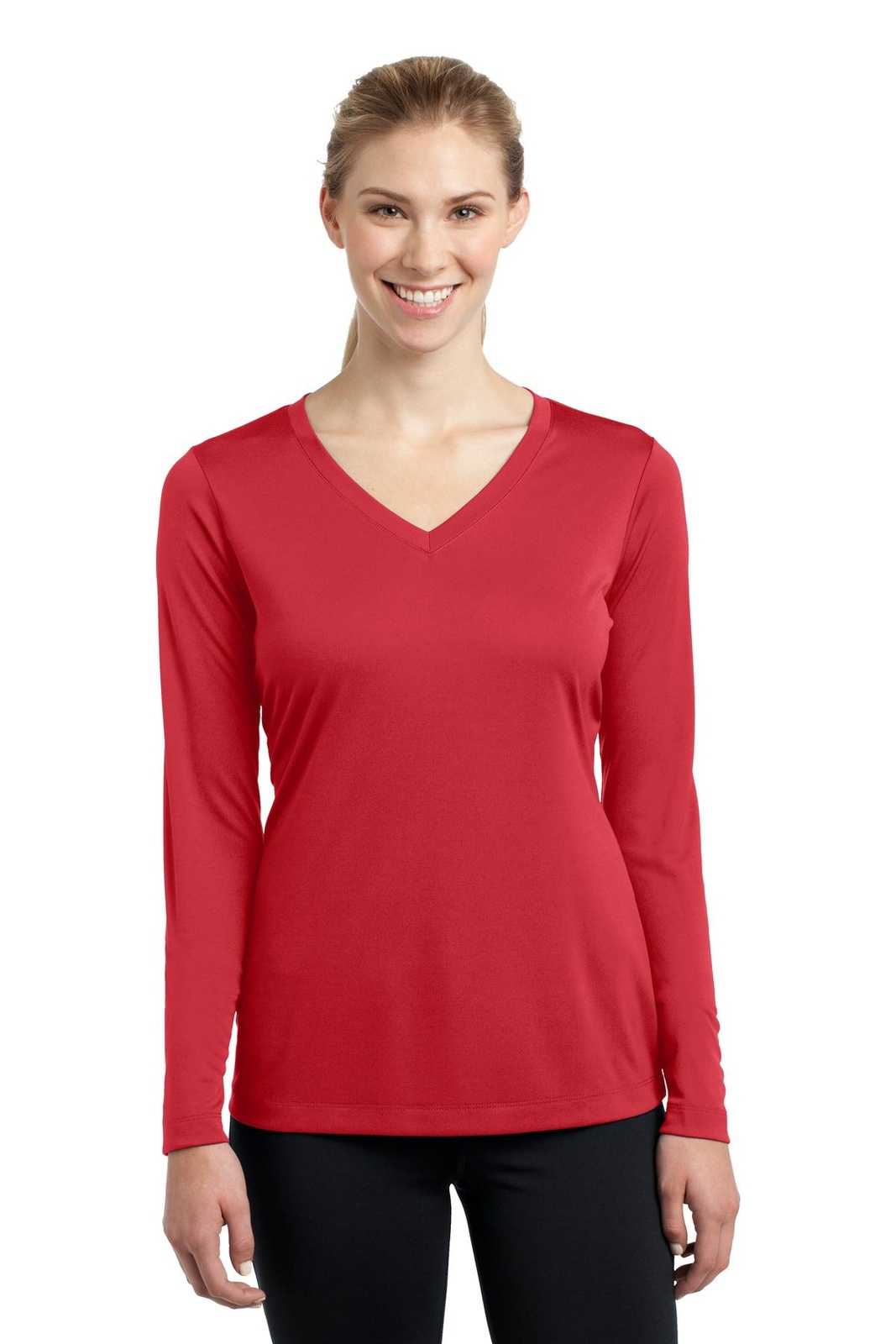 Sport-Tek LST353LS Ladies Long Sleeve PosiCharge Competitor V-Neck Tee - True Red - HIT a Double - 1