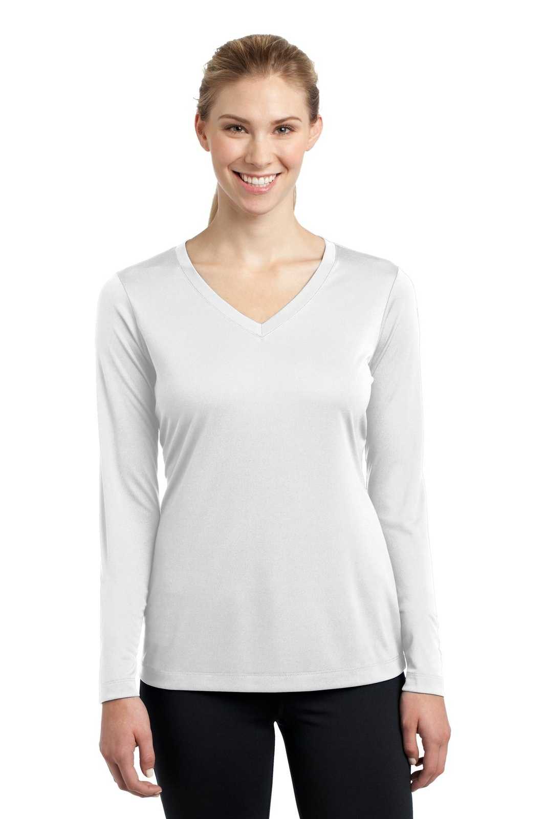 Sport-Tek LST353LS Ladies Long Sleeve PosiCharge Competitor V-Neck Tee - White - HIT a Double - 1