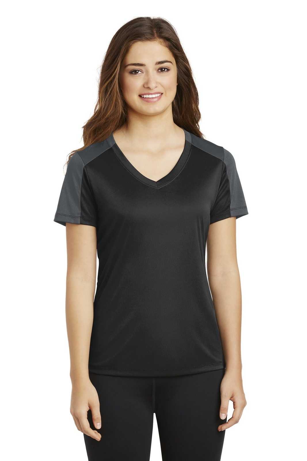 Sport-Tek LST354 Ladies PosiCharge Competitor Sleeve-Blocked V-Neck Tee - Black Iron Gray - HIT a Double - 1