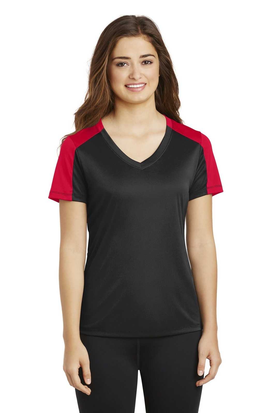 Sport-Tek LST354 Ladies PosiCharge Competitor Sleeve-Blocked V-Neck Tee - Black True Red - HIT a Double - 1