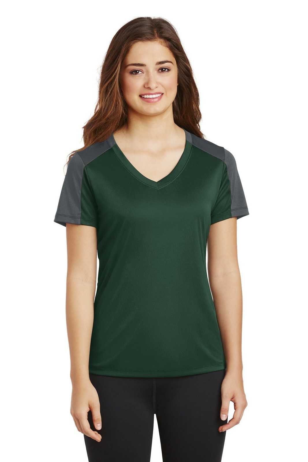 Sport-Tek LST354 Ladies PosiCharge Competitor Sleeve-Blocked V-Neck Tee - Forest Green Iron Gray - HIT a Double - 1