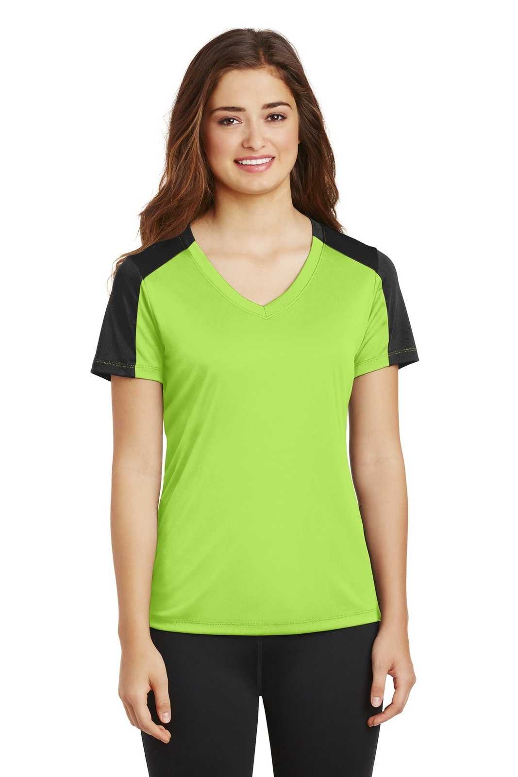 Sport-Tek LST354 Ladies PosiCharge Competitor Sleeve-Blocked V-Neck Tee - Lime Shock Black - HIT a Double - 1