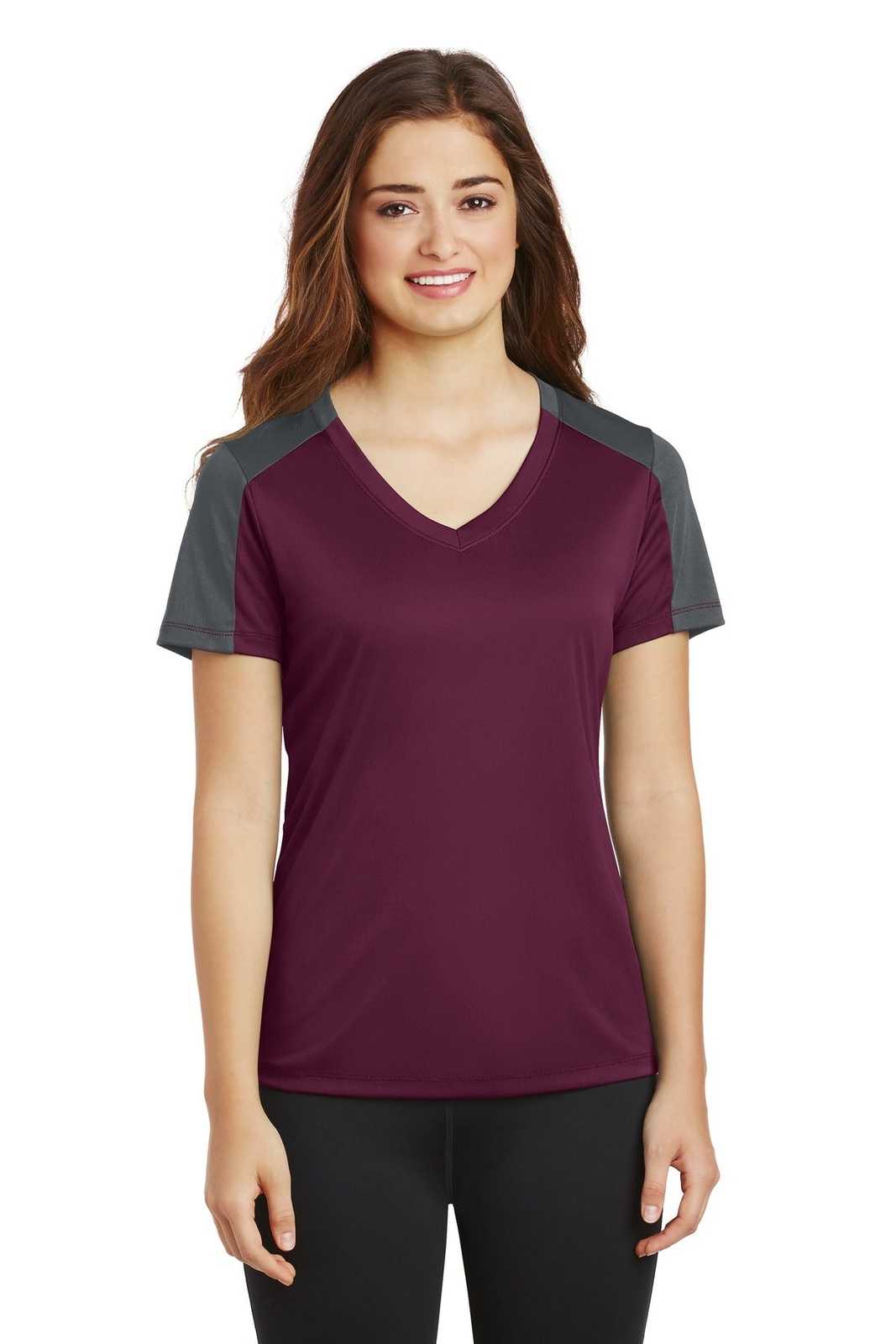 Sport-Tek LST354 Ladies PosiCharge Competitor Sleeve-Blocked V-Neck Tee - Maroon Iron Gray - HIT a Double - 1