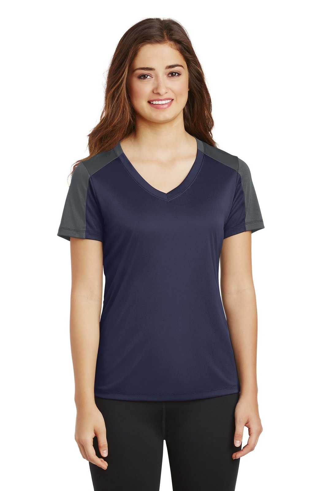 Sport-Tek LST354 Ladies PosiCharge Competitor Sleeve-Blocked V-Neck Tee - True Navy Iron Gray - HIT a Double - 1