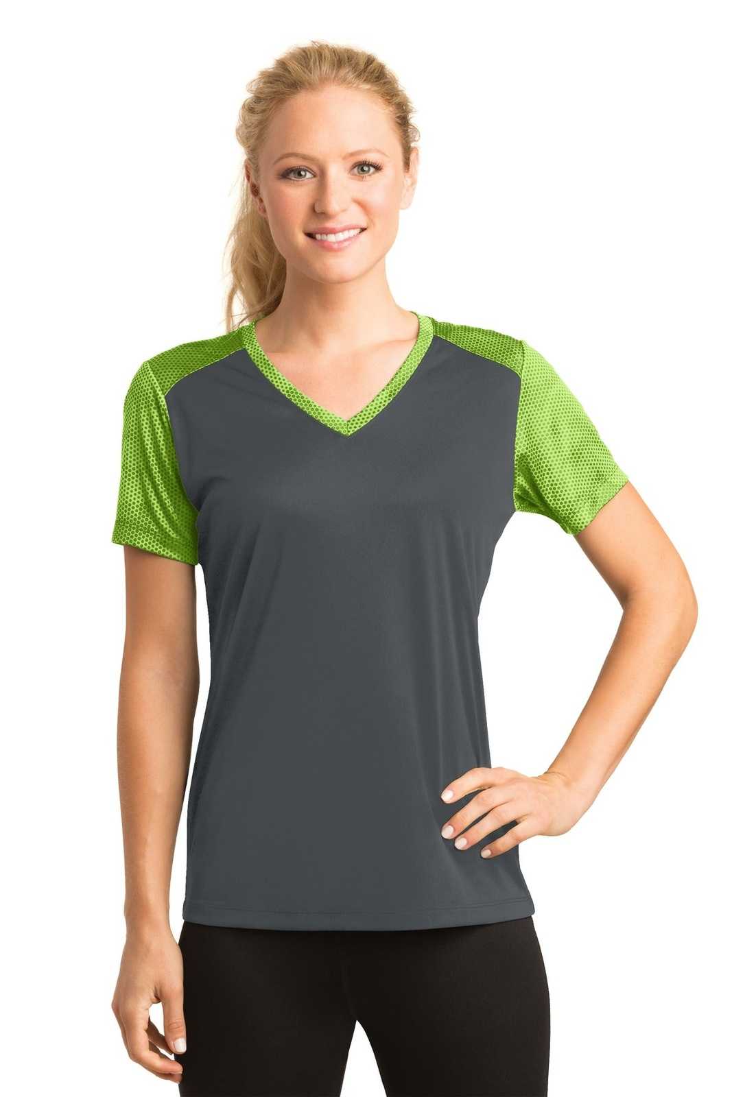 Sport-Tek LST371 Ladies CamoHex Colorblock V-Neck Tee - Iron Gray Lime Shock - HIT a Double - 1