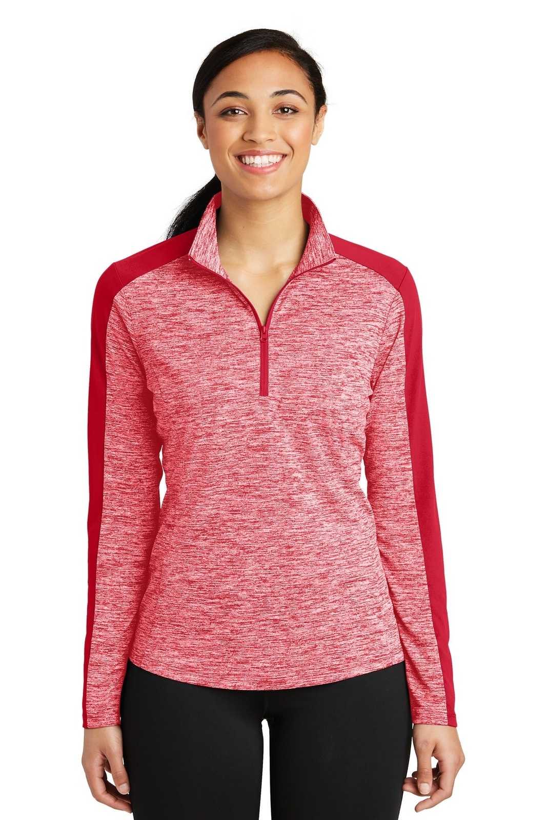 Sport-Tek LST397 Ladies PosiCharge Electric Heather Colorblock 1/4-Zip Pullover - Deep Red Electric Deep Red - HIT a Double - 1