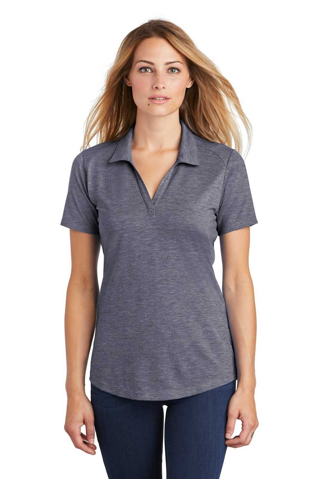 Sport-Tek LST405 Ladies PosiCharge Tri-Blend Wicking Polo - True Navy Heather - HIT a Double - 1